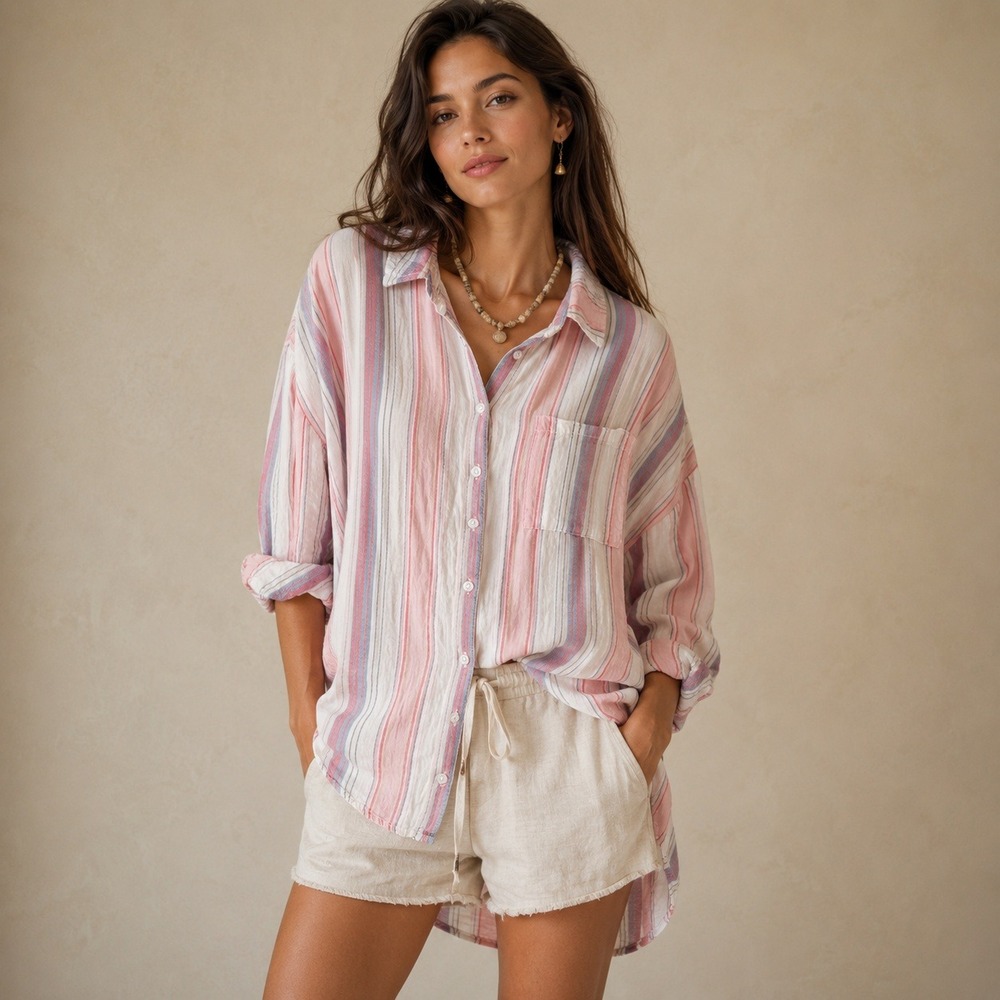 Pilcro Anthropologie Striped Button Down Shirt Pink Blue Oversized M Beachy boho